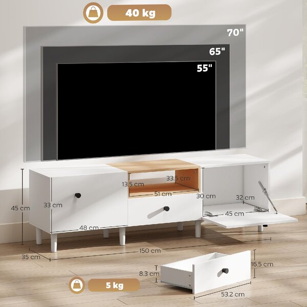 DecHome Mobile TV Moderno 3 Ante 1 Vano a Giorno in Legno Dimensioni 150x35x45 cm colore Bianco/Legno