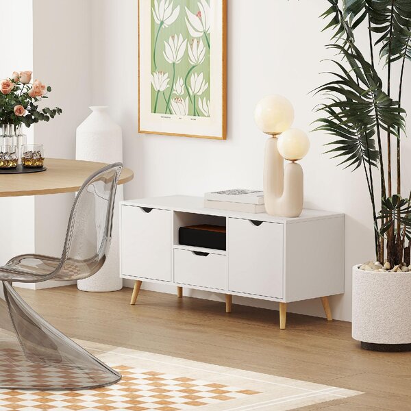 DecHome Mobile TV Scandinavo 2 Ante 1 Cassetto 1 Vano a Giorno Dimensioni 110x40x50 cm colore Bianco e Legno