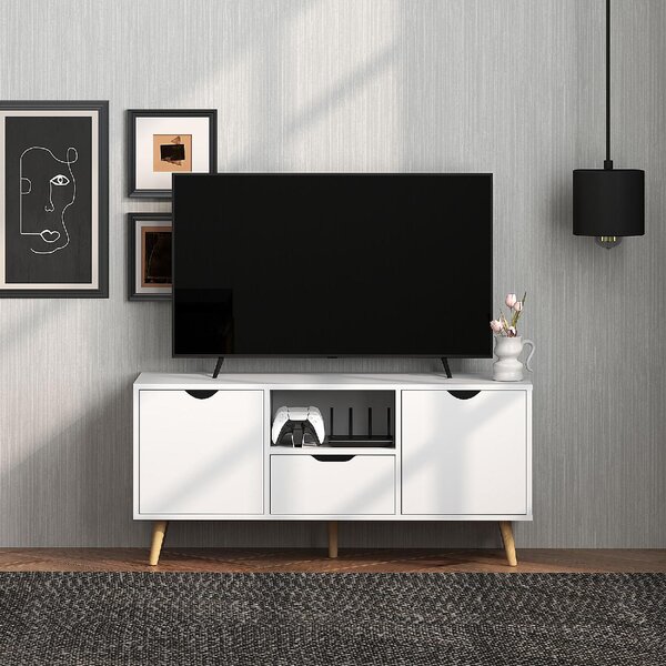 DecHome Mobile TV Scandinavo 2 Ante 1 Cassetto 1 Vano a Giorno Dimensioni 110x40x50 cm colore Bianco e Legno