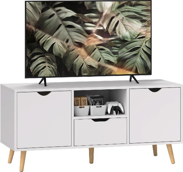 DecHome Mobile TV Scandinavo 2 Ante 1 Cassetto 1 Vano a Giorno Dimensioni 110x40x50 cm colore Bianco e Legno