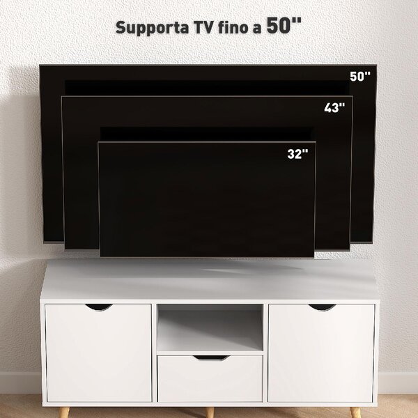 DecHome Mobile TV Scandinavo 2 Ante 1 Cassetto 1 Vano a Giorno Dimensioni 110x40x50 cm colore Bianco e Legno