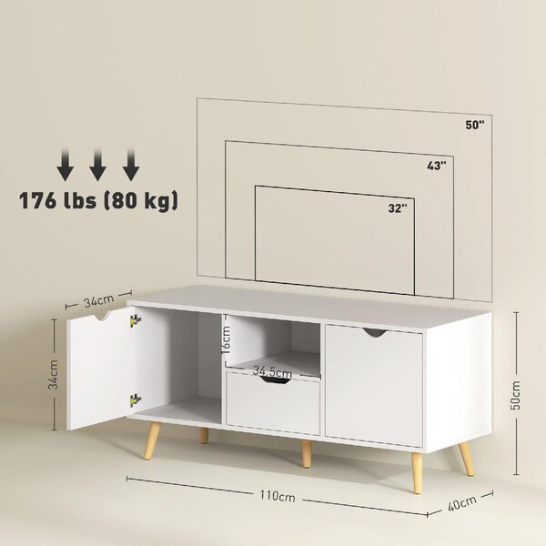 DecHome Mobile TV Scandinavo 2 Ante 1 Cassetto 1 Vano a Giorno Dimensioni 110x40x50 cm colore Bianco e Legno