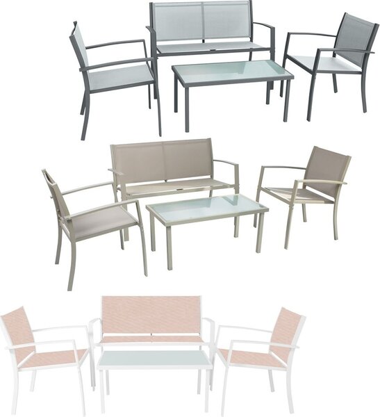 LIF Salotto da Giardino con Divano 2 Poltrone e Tavolino con Piano in Vetro in Acciaio/Textilene/Vetro colore grigio - Ettore