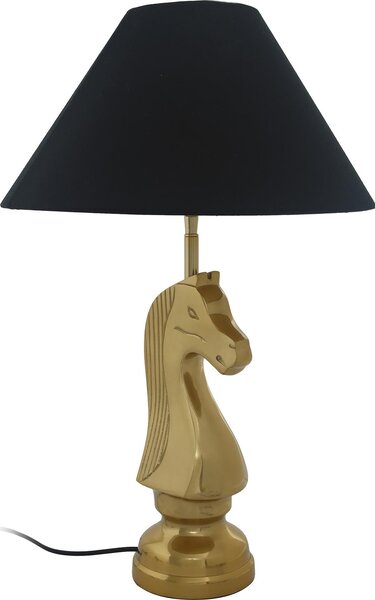 Lampada da tavolo Padiro, dimensioni 40 x 14 x 62 cm, colore nero. Realizzata in alluminio e ottone, con paralume in tessuto. La base della lampada è a forma di cavallo da scacchi