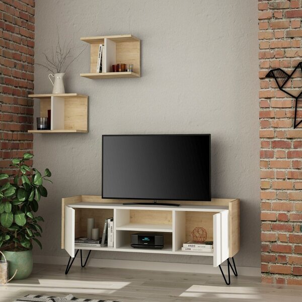DecHome Mobile TV Scandinavo 2 Ante 2 Vani a Giorno Dimensioni 125,5x33x56,5 cm colore Bianco e Rovere - Klappe