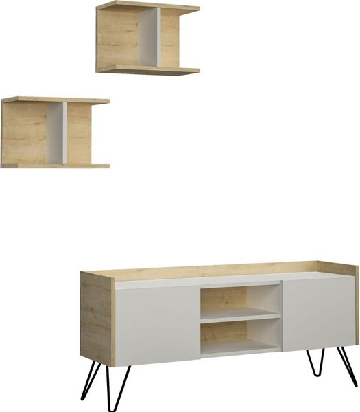 DecHome Mobile TV Scandinavo 2 Ante 2 Vani a Giorno Dimensioni 125,5x33x56,5 cm colore Bianco e Rovere - Klappe