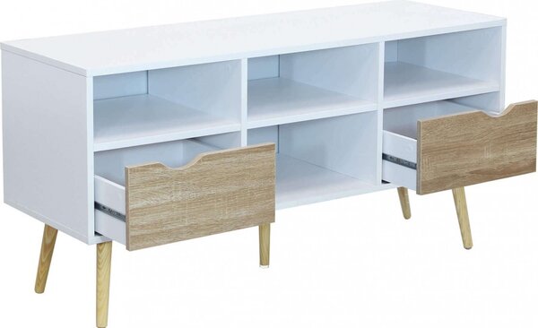 DecHome Mobile TV Scandinavo 2 Cassetti 4 Vani a Giorno in Legno Dimensioni 117x39x58 cm colore Bianco - Brody