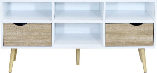 DecHome Mobile TV Scandinavo 2 Cassetti 4 Vani a Giorno in Legno Dimensioni 117x39x58 cm colore Bianco - Brody