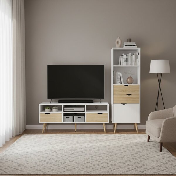 DecHome Mobile TV Scandinavo 2 Cassetti 4 Vani a Giorno in Legno Dimensioni 117x39x58 cm colore Bianco - Brody