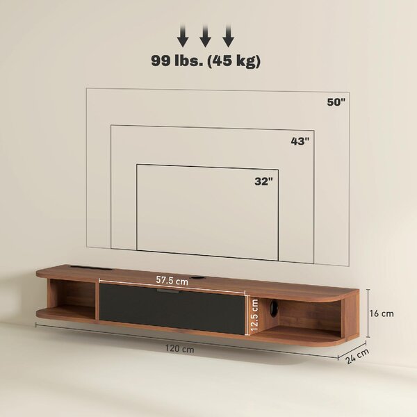 DecHome Mobile TV Sospeso Moderno 1 Anta 2 Vani a Giorno Dimensioni 120x24x16 cm colore Noce