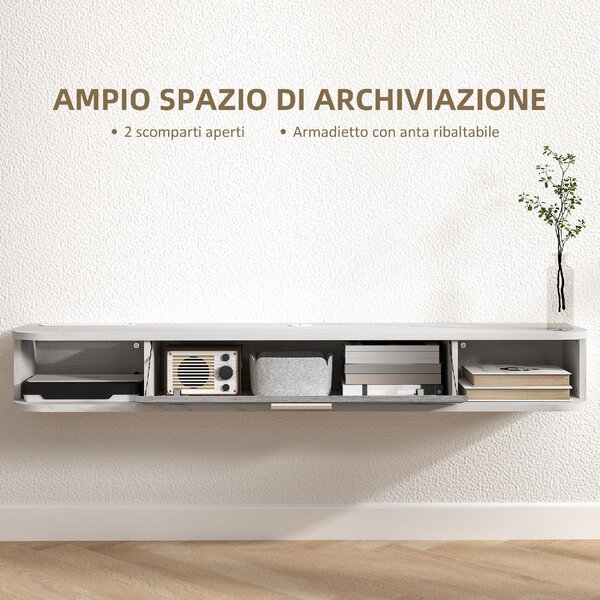 DecHome Mobile TV Sospeso Moderno 1 Anta a Ribalta 2 Vani a Giorno Dimensioni 120x26x16 cm colore Bianco/Grigio