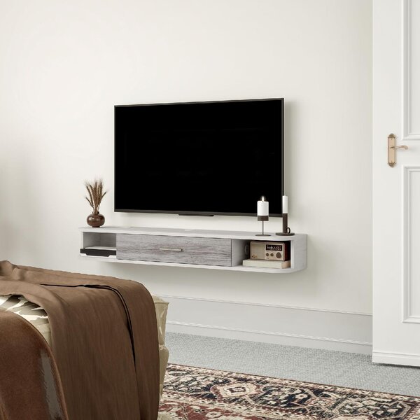 DecHome Mobile TV Sospeso Moderno 1 Anta a Ribalta 2 Vani a Giorno Dimensioni 120x26x16 cm colore Bianco/Grigio