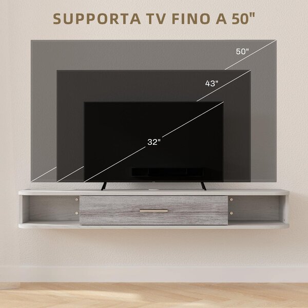DecHome Mobile TV Sospeso Moderno 1 Anta a Ribalta 2 Vani a Giorno Dimensioni 120x26x16 cm colore Bianco/Grigio