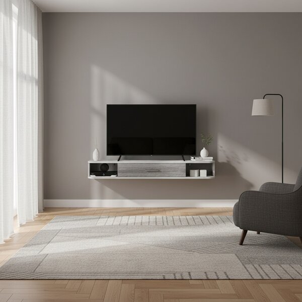 DecHome Mobile TV Sospeso Moderno 1 Anta a Ribalta 2 Vani a Giorno Dimensioni 120x26x16 cm colore Bianco/Grigio