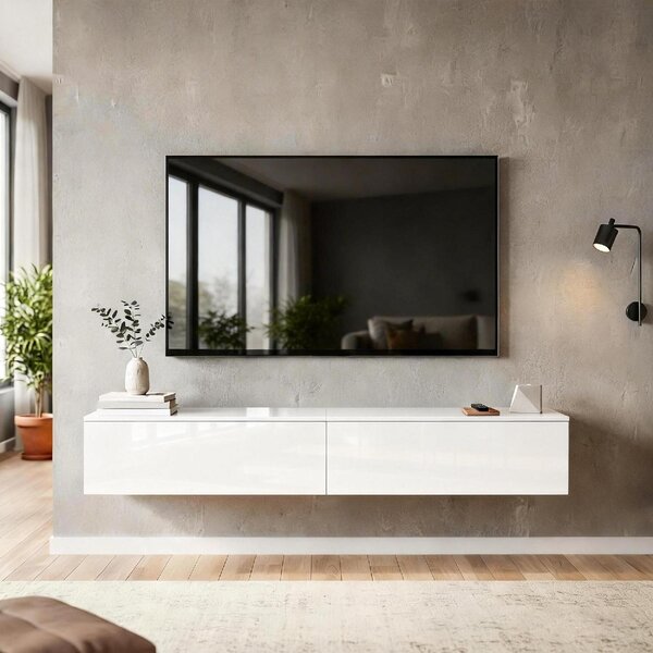 DecHome Mobile TV Sospeso Moderno 2 Ante Dimensioni 180x33x30 cm colore Bianco Lucido