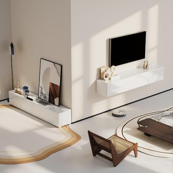 DecHome Mobile TV Sospeso Moderno 2 Ante Dimensioni 180x33x30 cm colore Bianco Lucido