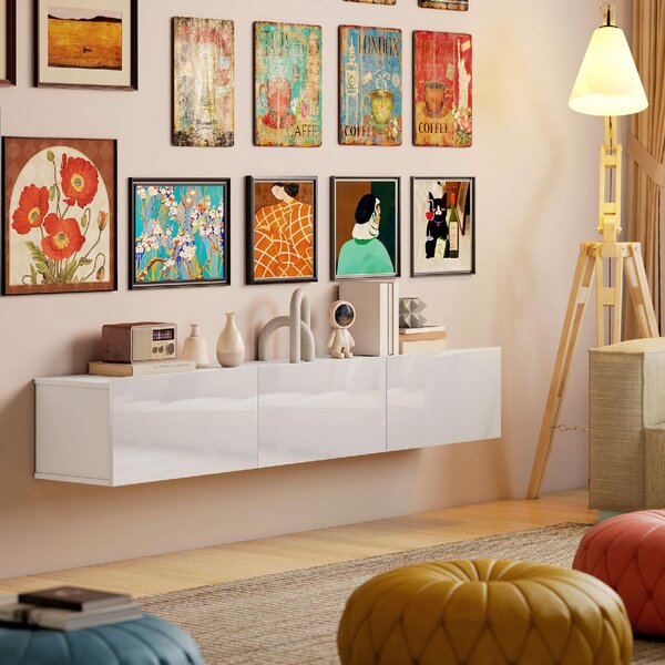 DecHome Mobile TV Sospeso Moderno 3 Ante Dimensioni 180x31,5x29,8 cm colore Bianco Lucido
