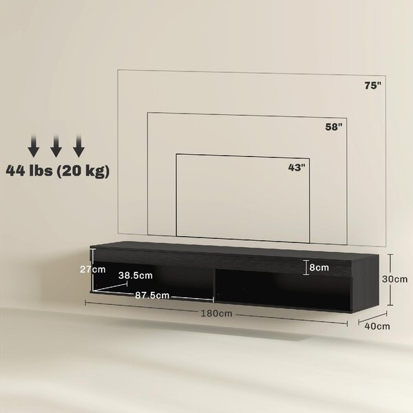 DecHome Mobile TV Sospeso Moderno 2 Vani a Giorno con Luci LED Dimensioni 180x40x30 cm colore Nero
