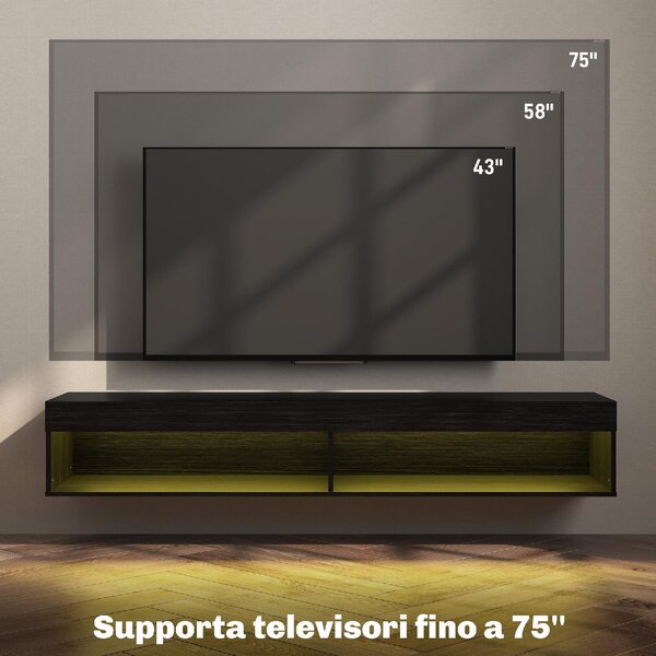 DecHome Mobile TV Sospeso Moderno 2 Vani a Giorno con Luci LED Dimensioni 180x40x30 cm colore Nero