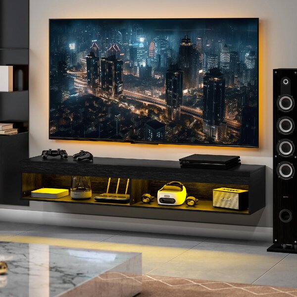 DecHome Mobile TV Sospeso Moderno 2 Vani a Giorno con Luci LED Dimensioni 180x40x30 cm colore Nero