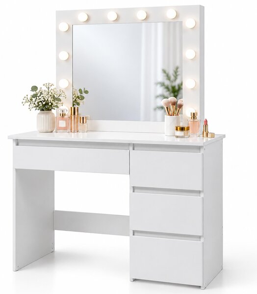 Tavolino da trucco Relaxdays con specchio "Hollywood", illuminazione, 4 cassetti, dimensioni: 140 x 94 x 43 cm, tavolino da toeletta, bianco