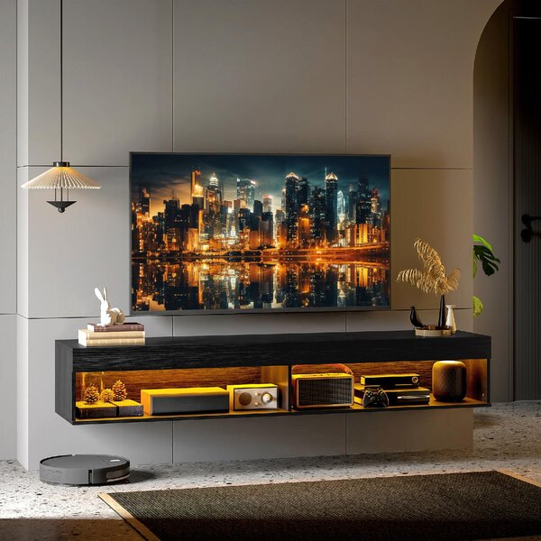 DecHome Mobile TV Sospeso Moderno 2 Vani a Giorno con Luci LED Dimensioni 180x40x30 cm colore Nero