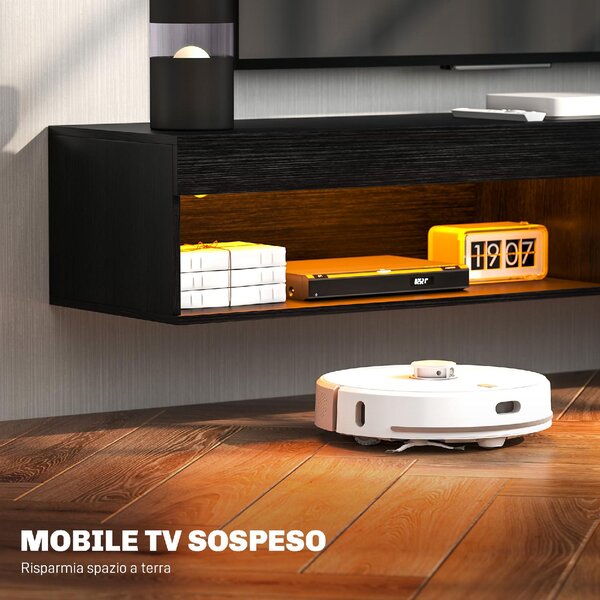 DecHome Mobile TV Sospeso Moderno 2 Vani a Giorno con Luci LED Dimensioni 180x40x30 cm colore Nero