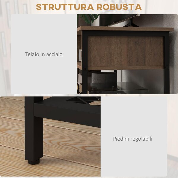 DecHome Mobile TV Stile Industriale 1 Ripiano 2 Vani a Giorno in Legno e Acciaio Dimensioni 110x40x48 cm colore Marrone/Nero