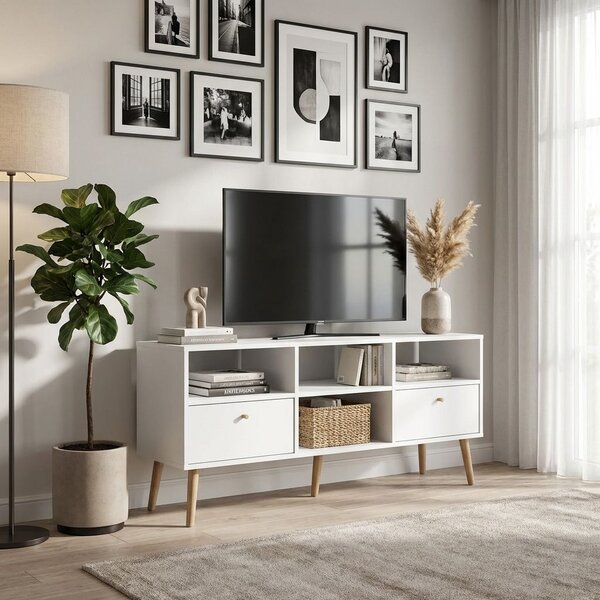 Tvilum Mobile TV Stile Nordico 2 Cassetti 4 Vani a Giorno Dimensioni 117x39x60 cm colore Bianco - Bodo