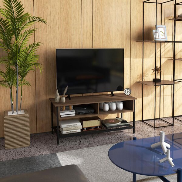 DecHome Mobile TV Stile Industriale 1 Ripiano 2 Vani a Giorno in Legno e Acciaio Dimensioni 110x40x48 cm colore Marrone/Nero