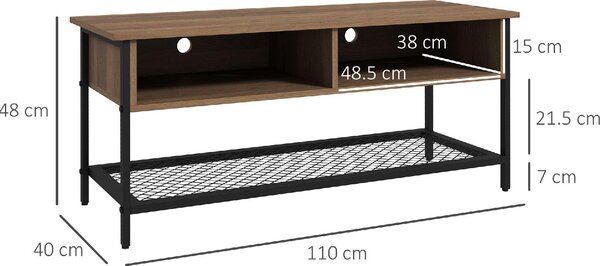 DecHome Mobile TV Stile Industriale 1 Ripiano 2 Vani a Giorno in Legno e Acciaio Dimensioni 110x40x48 cm colore Marrone/Nero