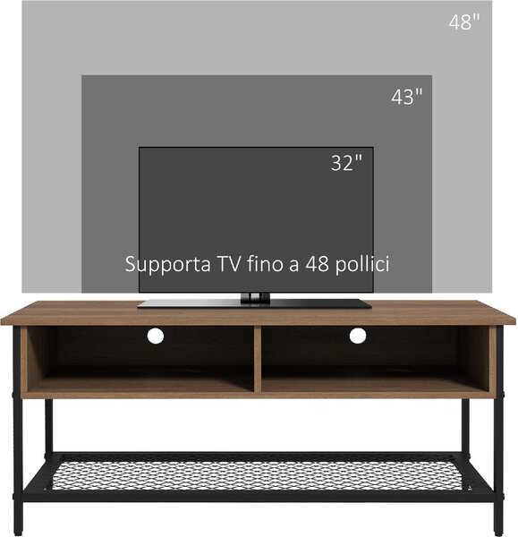 DecHome Mobile TV Stile Industriale 1 Ripiano 2 Vani a Giorno in Legno e Acciaio Dimensioni 110x40x48 cm colore Marrone/Nero
