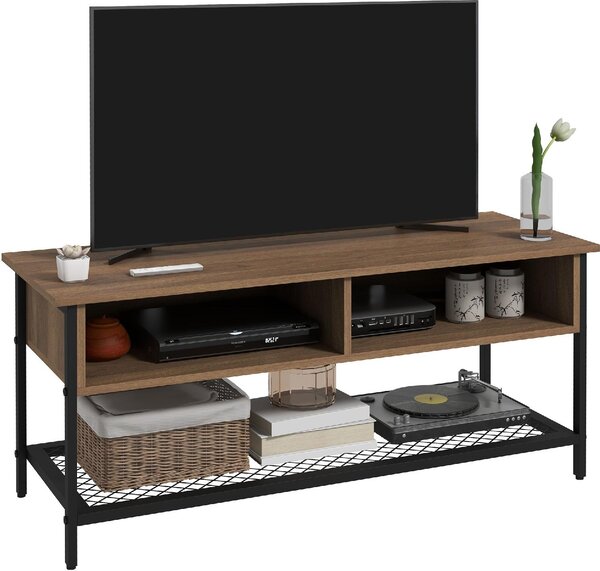 DecHome Mobile TV Stile Industriale 1 Ripiano 2 Vani a Giorno in Legno e Acciaio Dimensioni 110x40x48 cm colore Marrone/Nero