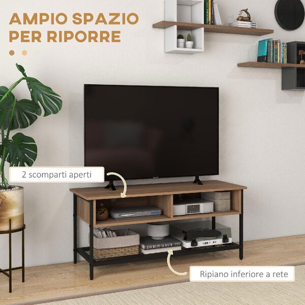 DecHome Mobile TV Stile Industriale 1 Ripiano 2 Vani a Giorno in Legno e Acciaio Dimensioni 110x40x48 cm colore Marrone/Nero