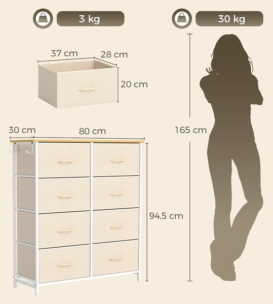 HOMCOM Cassettiera con 8 cassetti in tessuto e struttura in acciaio, beige | Aosom Italy