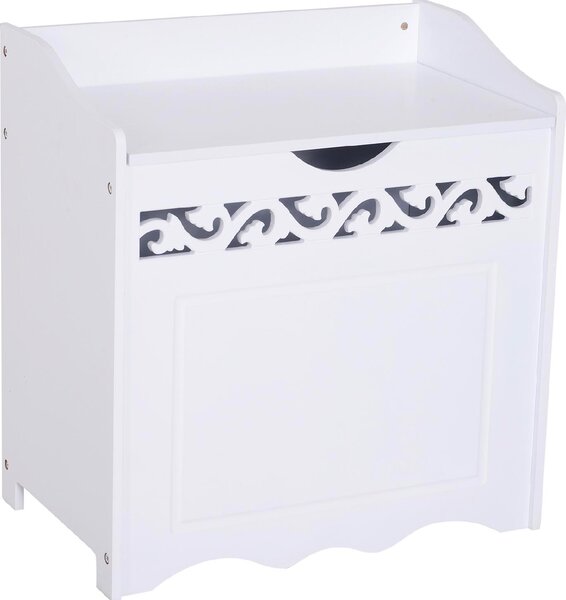 DecHome Mobiletto in Legno Portabiancheria colore Bianco con Decoro Intagliato 55x34x58 cm