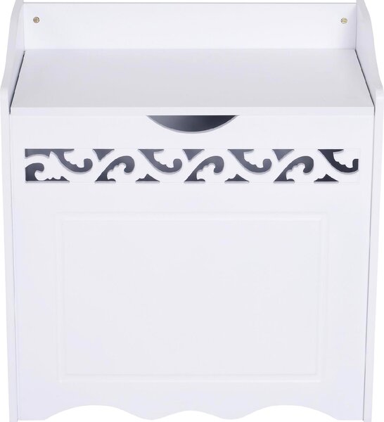 DecHome Mobiletto in Legno Portabiancheria colore Bianco con Decoro Intagliato 55x34x58 cm