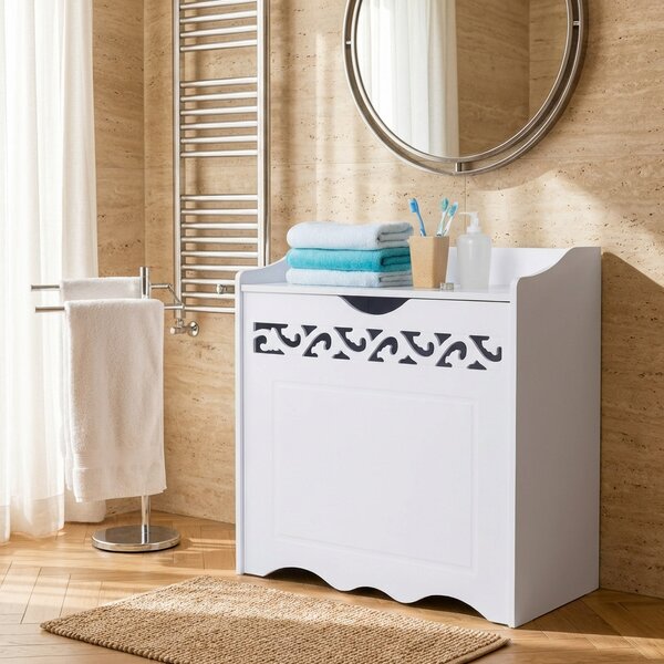 DecHome Mobiletto in Legno Portabiancheria colore Bianco con Decoro Intagliato 55x34x58 cm