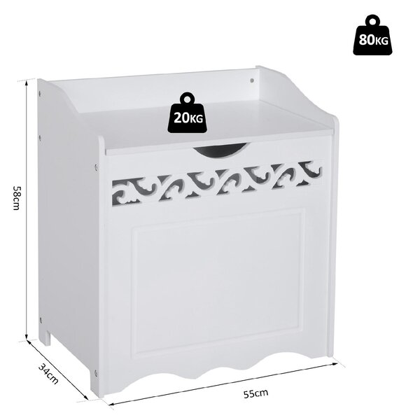 DecHome Mobiletto in Legno Portabiancheria colore Bianco con Decoro Intagliato 55x34x58 cm