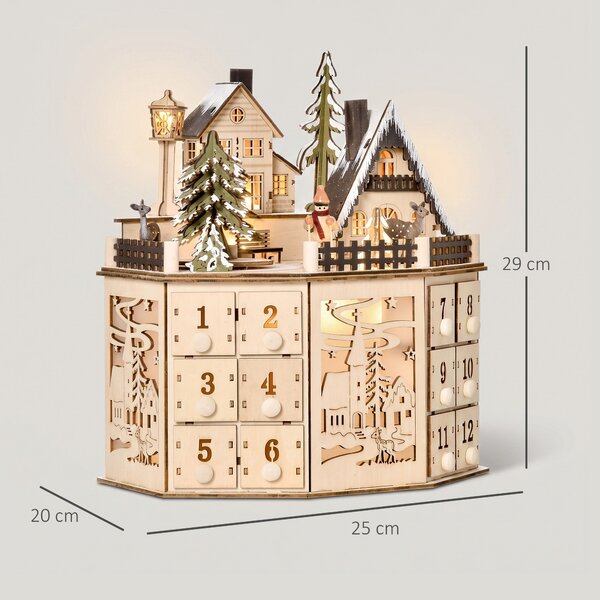 HOMCOM Calendario dell'Avvento in legno con LED e 24 cassetti, 25x20x29 cm, legno | Aosom Italy
