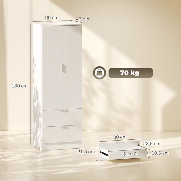 HOMCOM Armadio guardaroba con 2 ante soft-close, 2 cassetti e asta, 60x47x180 cm, bianco | Aosom Italy