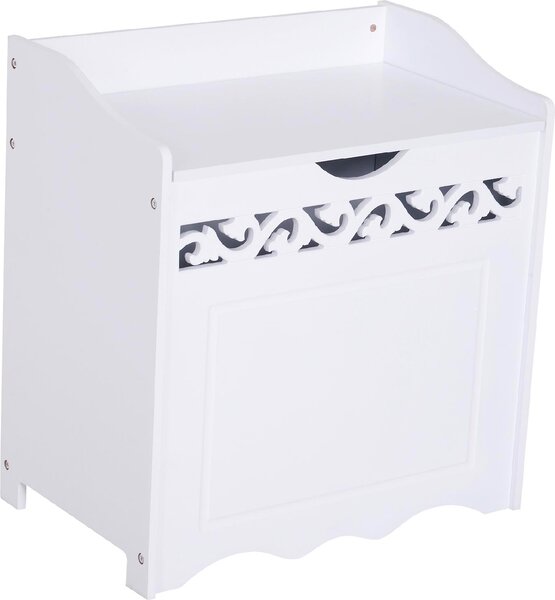 DecHome Mobiletto in Legno Portabiancheria colore Bianco con Decoro Intagliato 55x34x58 cm