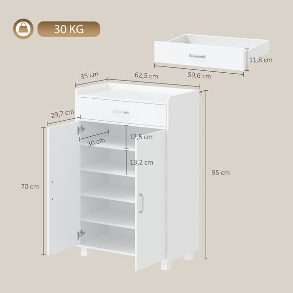 HOMCOM Scarpiera con cassetto, 5 ripiani regolabili per 6 paia di scarpe, 62,5x35x95 cm, bianco | Aosom Italy