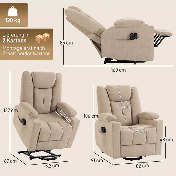 HOMCOM Poltrona relax elettrica alzapersona con massaggio, calore e velluto, bianco crema | Aosom Italy