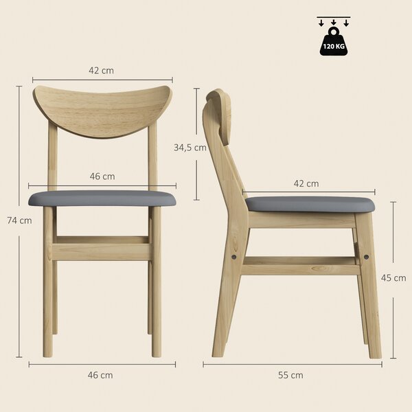 HOMCOM Set 2 sedie da pranzo imbottite in tessuto con schienale curvo, grigio e legno | Aosom Italy