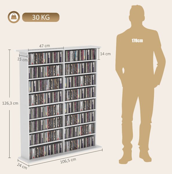 HOMCOM Scaffale multimediale per 720 CD con 16 scomparti e 12 ripiani regolabili, bianco | Aosom Italy
