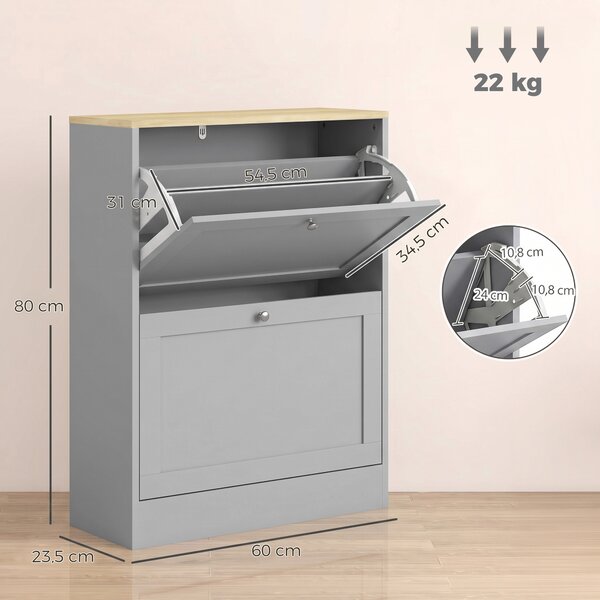 HOMCOM Scarpiera 12 paia di scarpe con 2 cassetti ribaltabili e ripiani regolabili, 60x23,5x80 cm, grigio | Aosom Italy