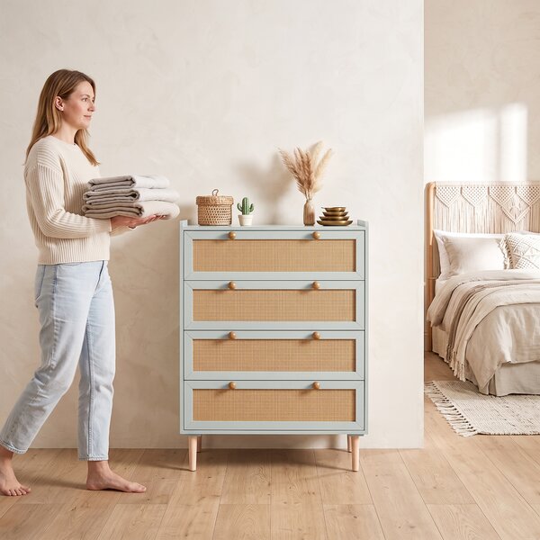 HOMCOM Cassettiera 4 cassetti in legno e rattan PVC, stile bohème, 80x40x109,2 cm, verde salvia | Aosom Italy