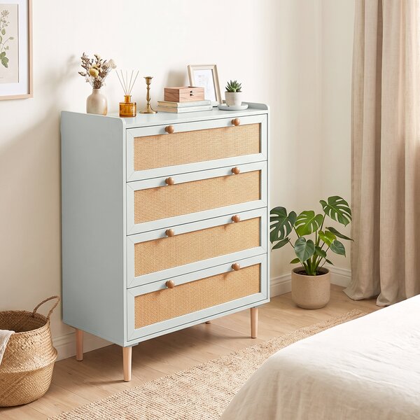 HOMCOM Cassettiera 4 cassetti in legno e rattan PVC, stile bohème, 80x40x109,2 cm, verde salvia | Aosom Italy