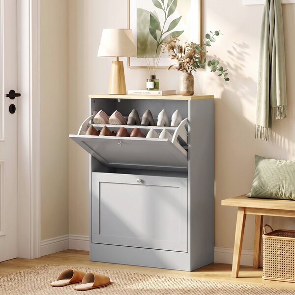HOMCOM Scarpiera 12 paia di scarpe con 2 cassetti ribaltabili e ripiani regolabili, 60x23,5x80 cm, grigio | Aosom Italy